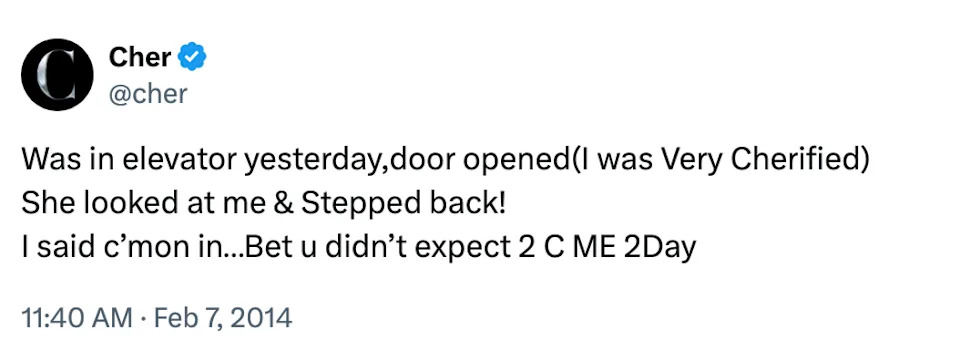 Cher tweets about an elevator encounter where someone steps back after seeing her, humorously noting the surprise