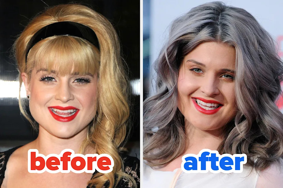 A person on the left smiling with blonde hair, and on the right smiling with gray hair, showcasing a hair color change