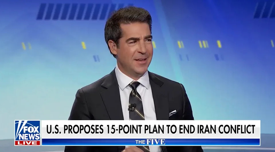 Person in a suit on a news talk show discussing a 15-point U.S. plan to end the Iran conflict. News channel logo is visible