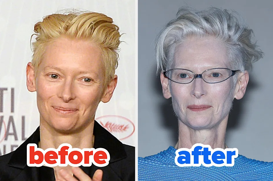 Person with short hairstyle in styled jacket before image edit, then in glasses and textured shirt after edit