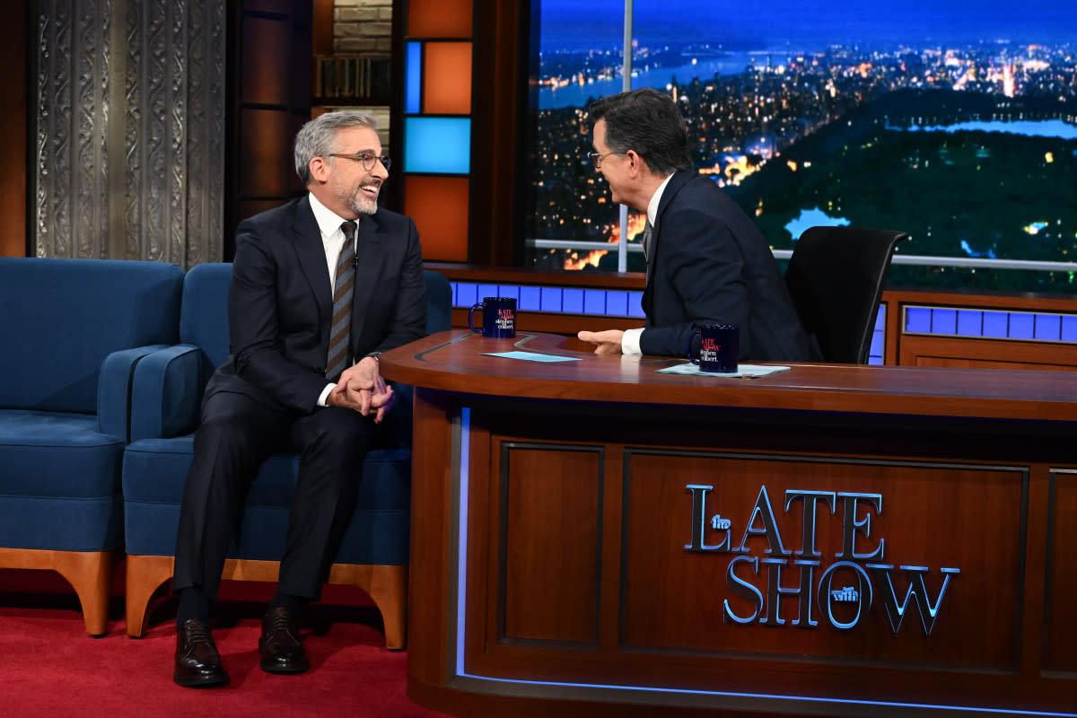 The Late Show with Stephen Colbert and guest Steve Carell during Monday's May 13, 2024 show.Scott Kowalchyk&sol;CBS via Getty Images