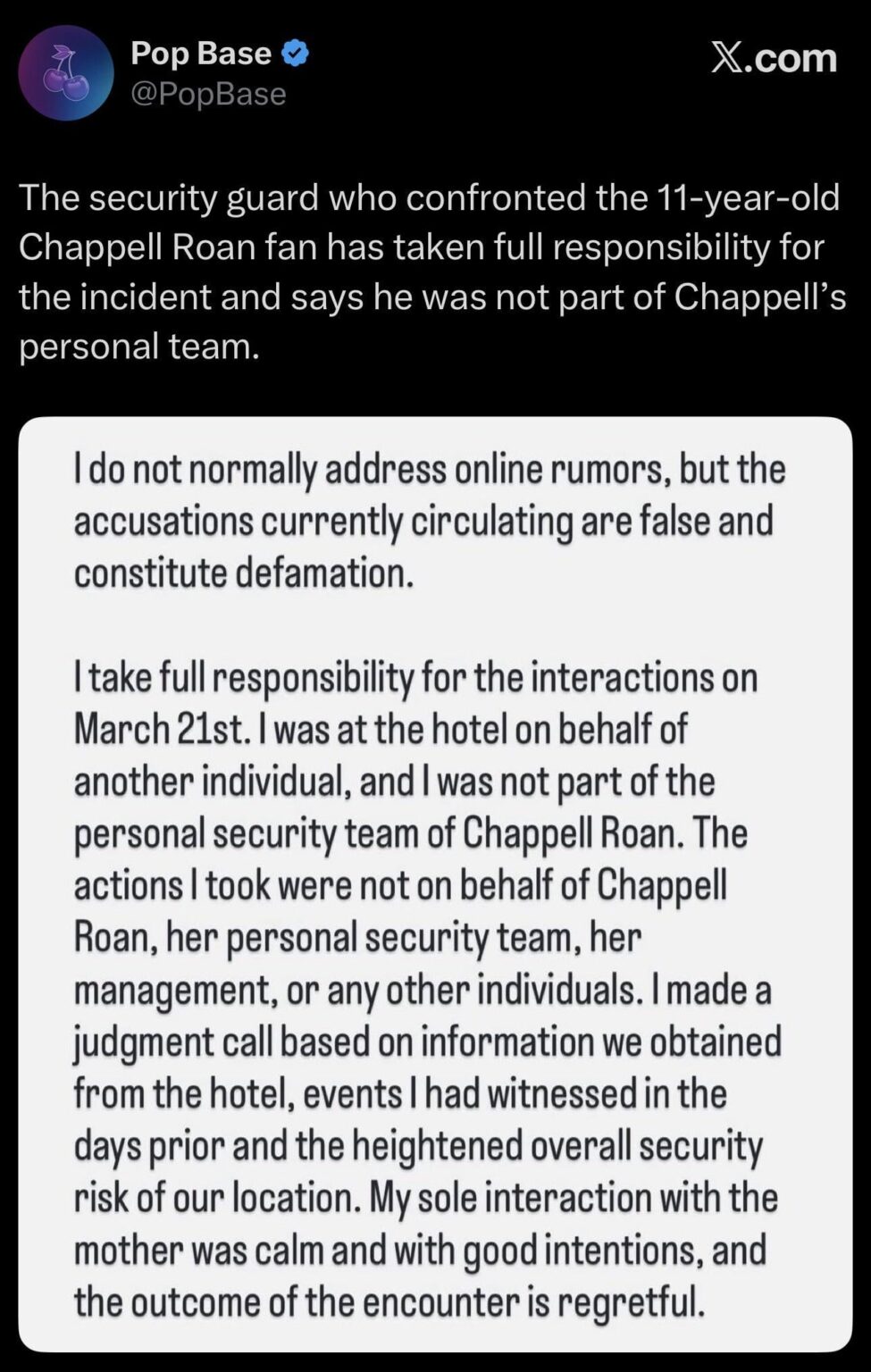 The security guard who confronted the 11-year-old Chappell Roan fan has taken full responsibility for the incident and says he was not part of Chappell’s personal team.