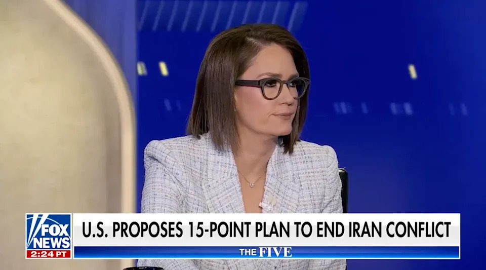 Woman in glasses appears on a news show with "U.S. Proposes 15-Point Plan to End Iran Conflict" text on screen