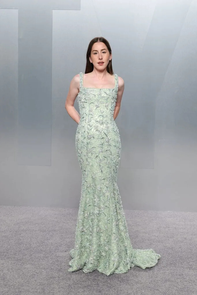 Alana Haim Vanity Fair Oscar Party 2026 Louis Vuitton, Alana Haim red carpet Vanity Fair Oscar Party 2026 Louis Vuitton green embroidered gown, Louis Vuitton Vanity Fair Oscar Party 2026 Alana Haim