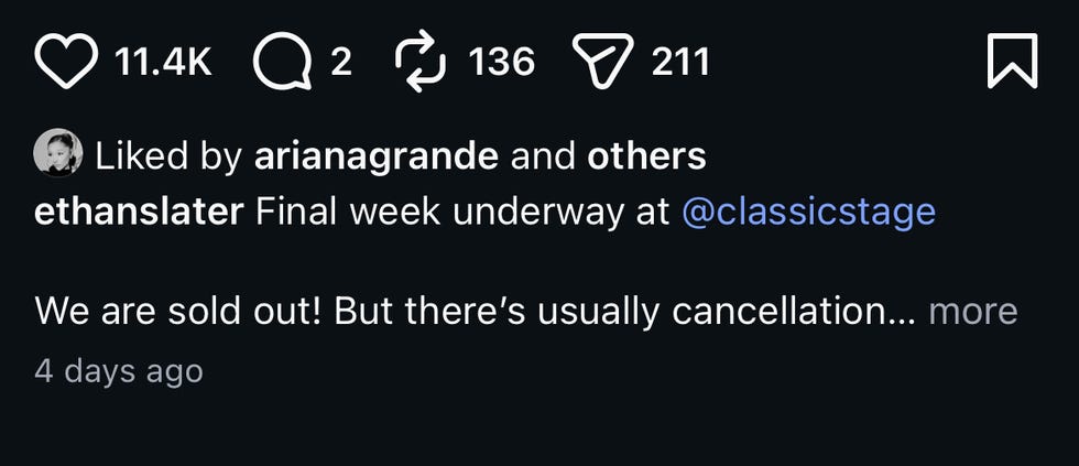 Ariana Grande's like on Ethan Slater's March 19 Instagram.