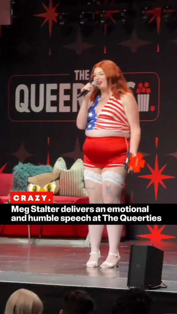 Megan Stalter accepting her Vanguard Award at The Queerties: “I love you and I love gay. Our president should be arrested.”