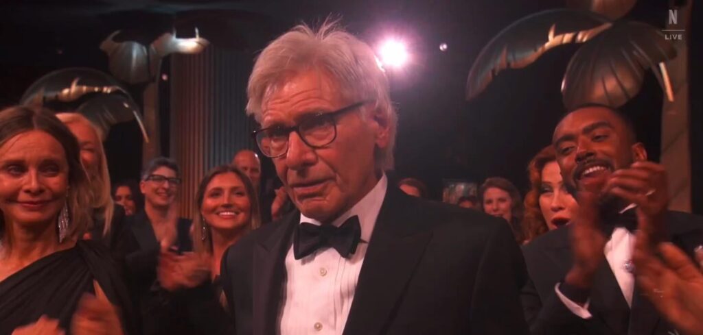 Harrison Ford receives a standing ovation as he accepts the SAG-AFTRA Life Achievement Award at The Actor Awards