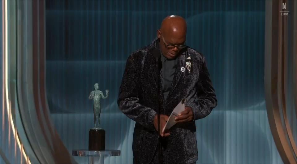 Samuel L. Jackson's reaction when he saw "Sinners" written on the envelope for Best Ensemble!