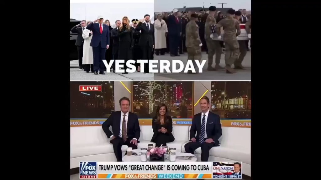 Fox this morning aired old footage from a previous dignified transfer after backlash over Trump wearing a baseball cap at yesterday’s ceremony. They later had to apologize for it