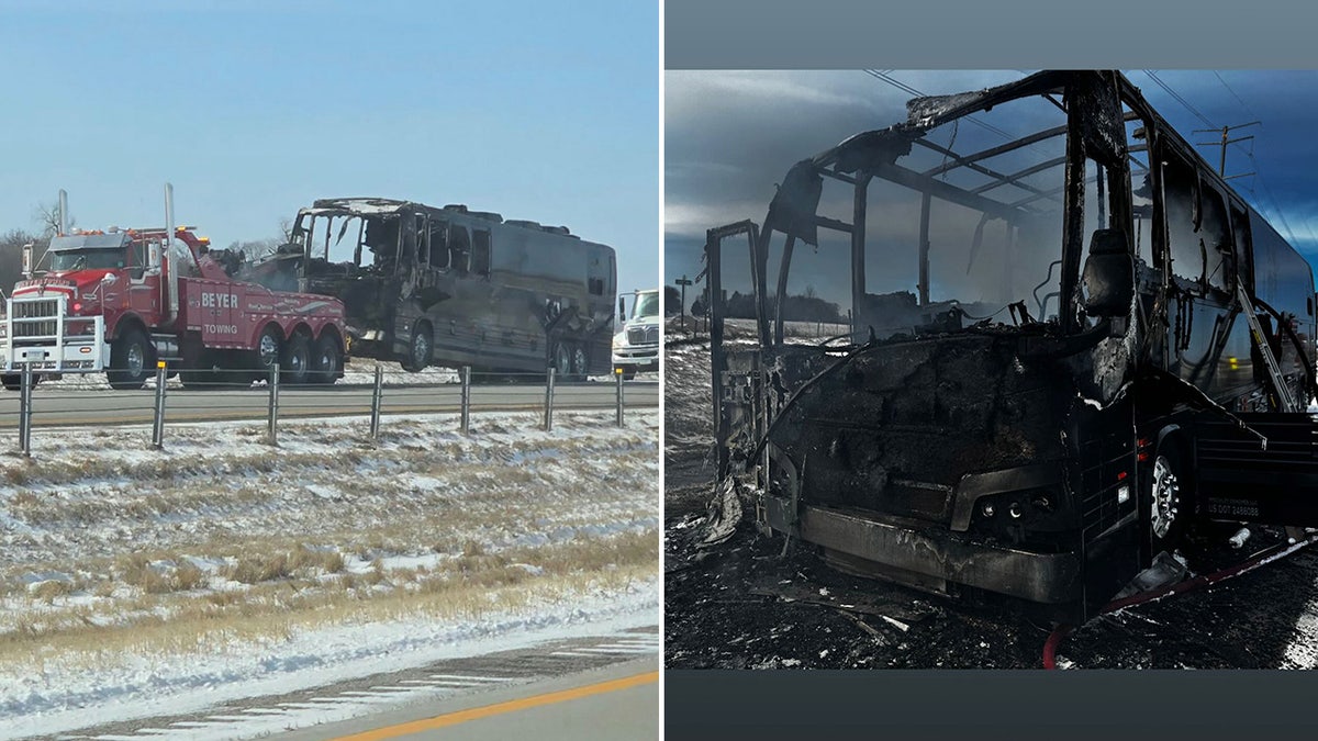 Comedian Bert Kreischer shows burnt remains of his tour bus.
