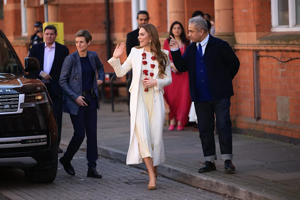 Princess Kate waves during a visit to Leicester in central England, on March 5, 2026.