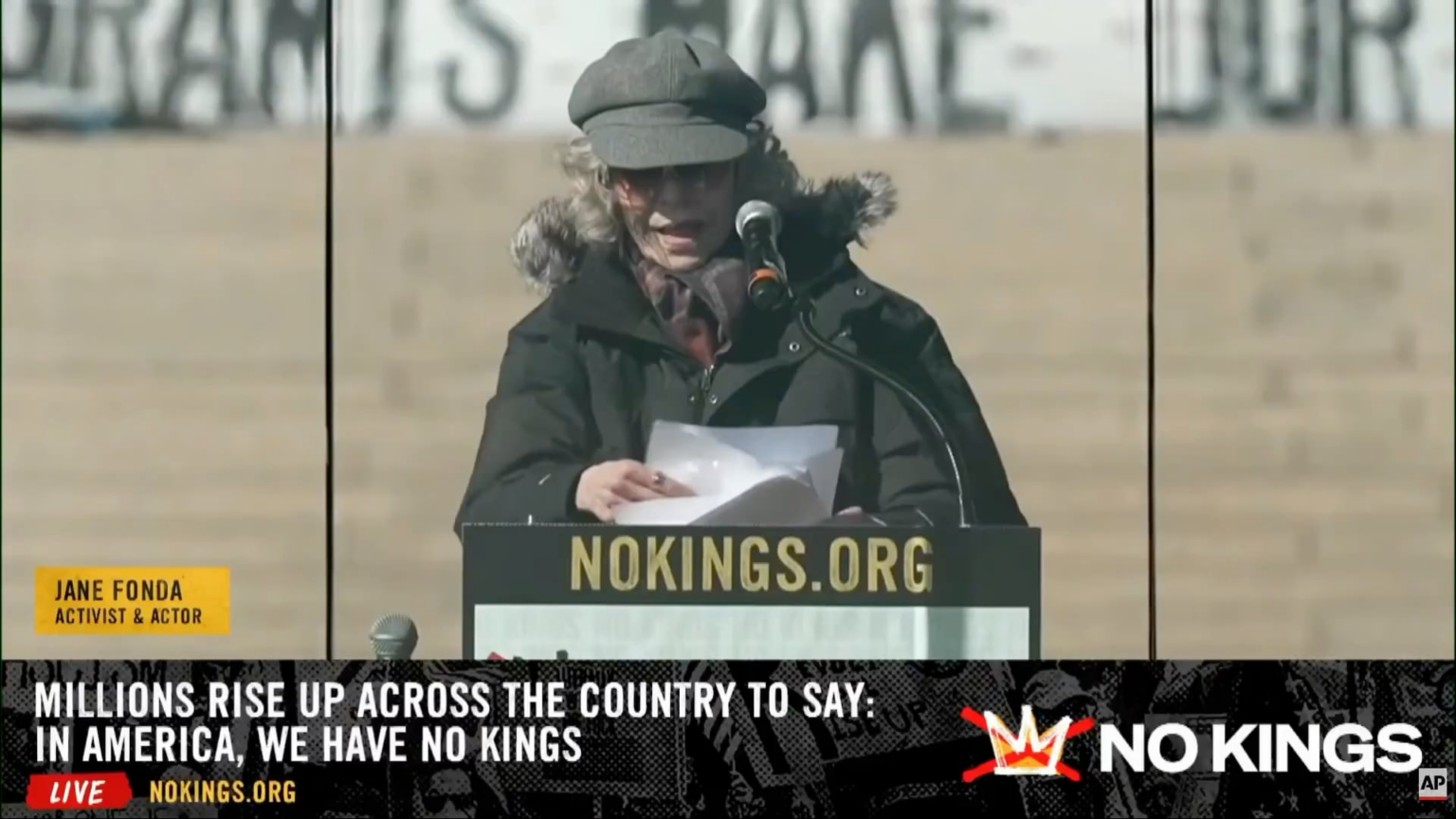 Jane Fonda reads a statement from Becca Good, the wife of Renne Good: "Hello Minnesota, I am so proud to call Minneapolis my home. I can't stop talking how absolutely beautiful it is to see how Minnesota shows up for its people. I want to say thank you for how you have shown up for me."
