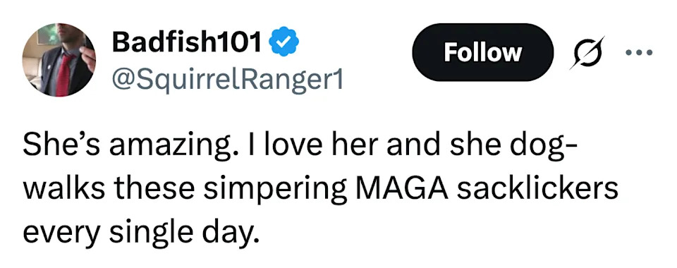 Tweet by SquirrelRanger1 praising a woman for consistently opposing MAGA supporters