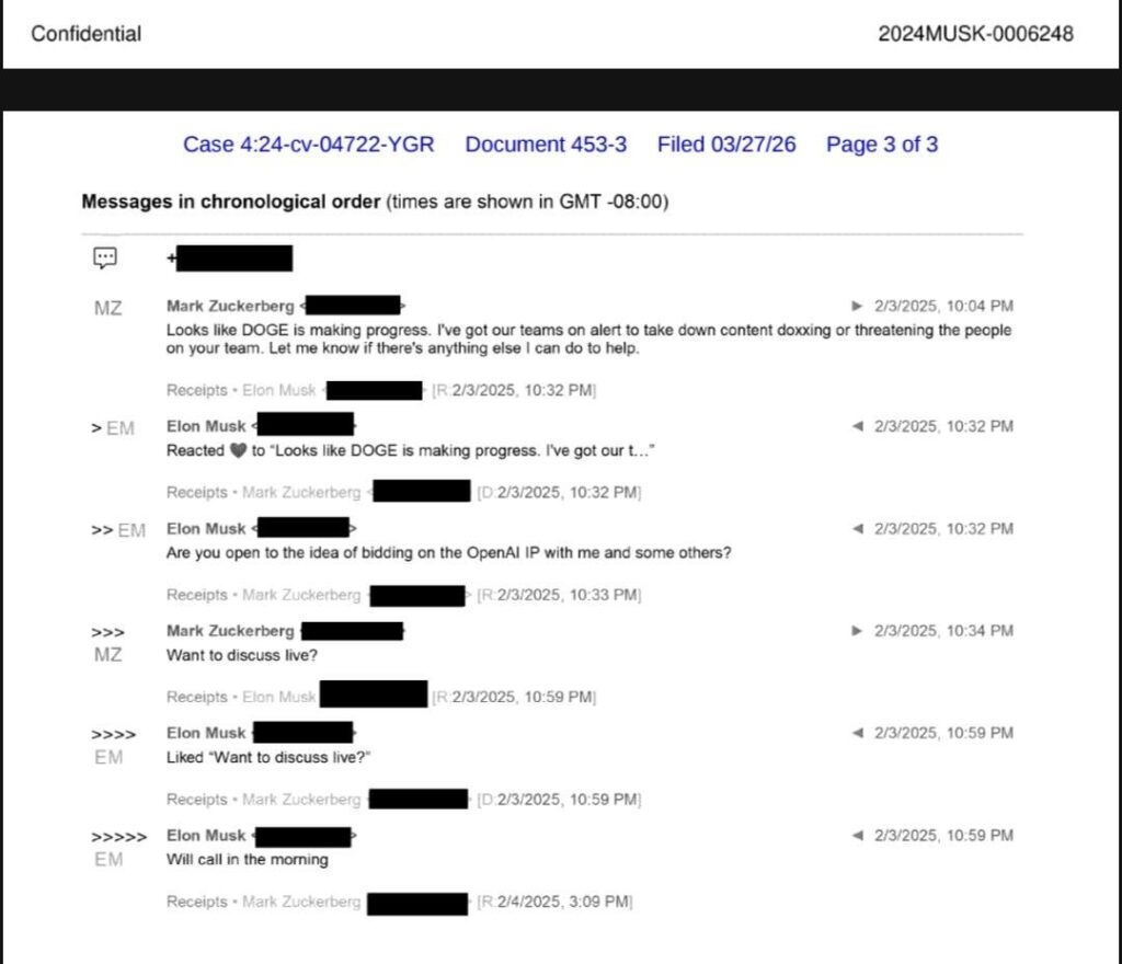 Texts between Mark Zuckerberg and Elon Musk on 2/3/25. Musk filed a suit in August 2024 and claimed Altman conned him and preyed on his humanitarian concerns about AI. This document was filed today.