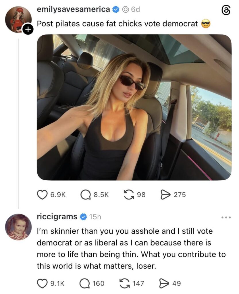 Christina Ricci’s response to a republican influencer who says that “fat chicks vote democrat”: “I’m skinnier than you you asshole and I still vote democrat or as liberal as I can because there is more to life than being thin. What you contribute to this world is what matters, loser.”