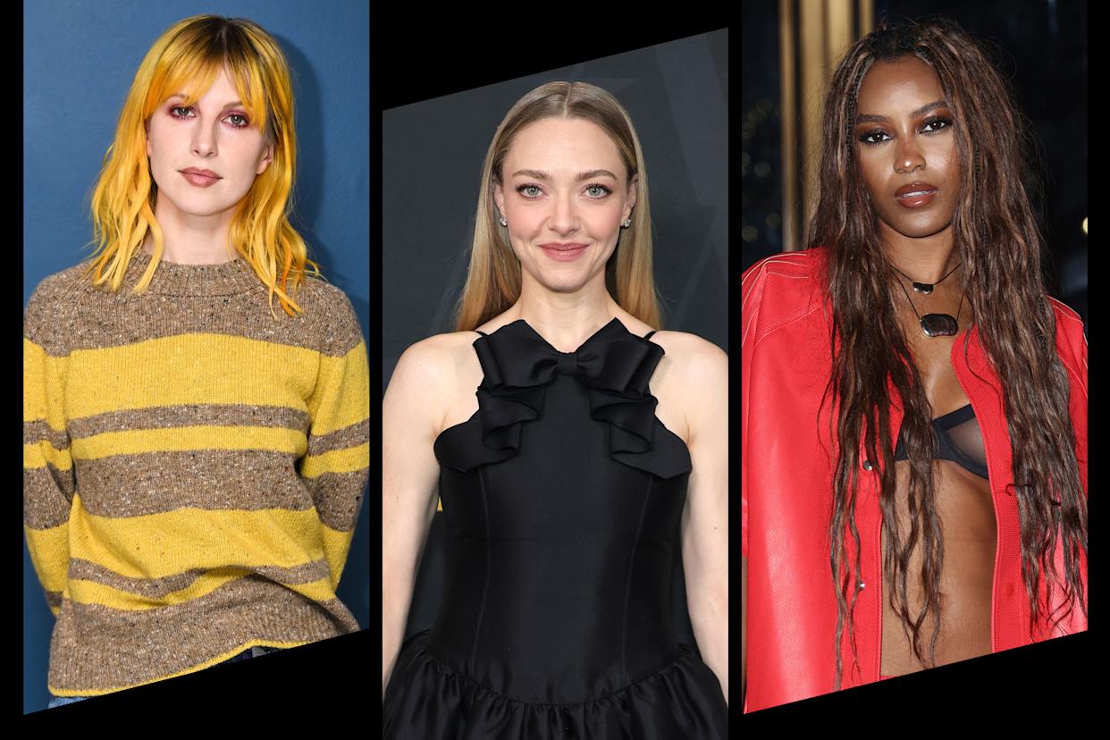 Celebrities Hayley Williams, Amanda Seyfried and Ciara Miller are included in a split image.