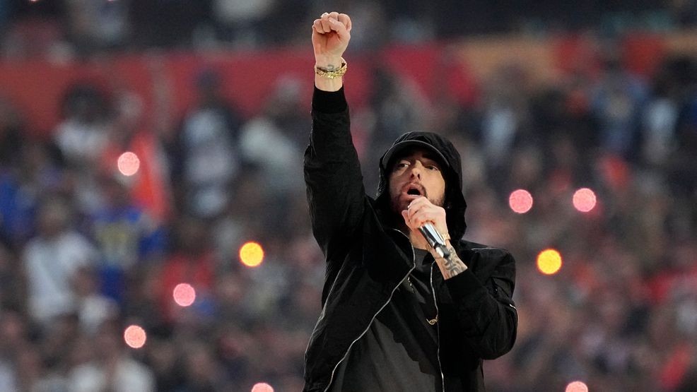 Eminem performs during halftime of the NFL Super Bowl 56 football game between the Los Angeles Rams and the Cincinnati Bengals, Sunday, Feb. 13, 2022, in Inglewood, Calif. (AP Photo/Ted S. Warren)