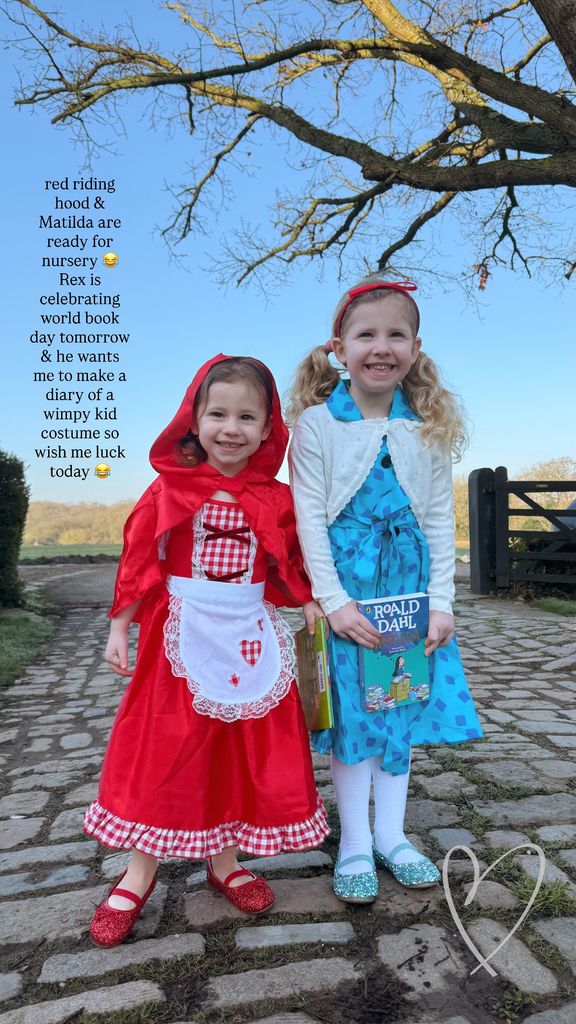 Stacey Solomon's daughters Rose and Belle dressed as Little Red Riding Hood and Matilda