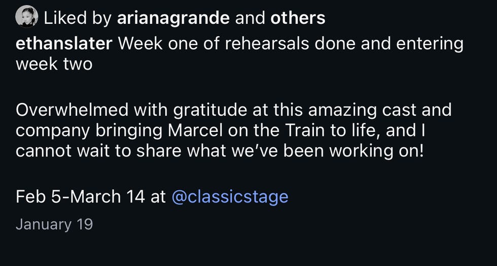 Ariana Grande's like on Ethan Slater's January 19 Instagram.