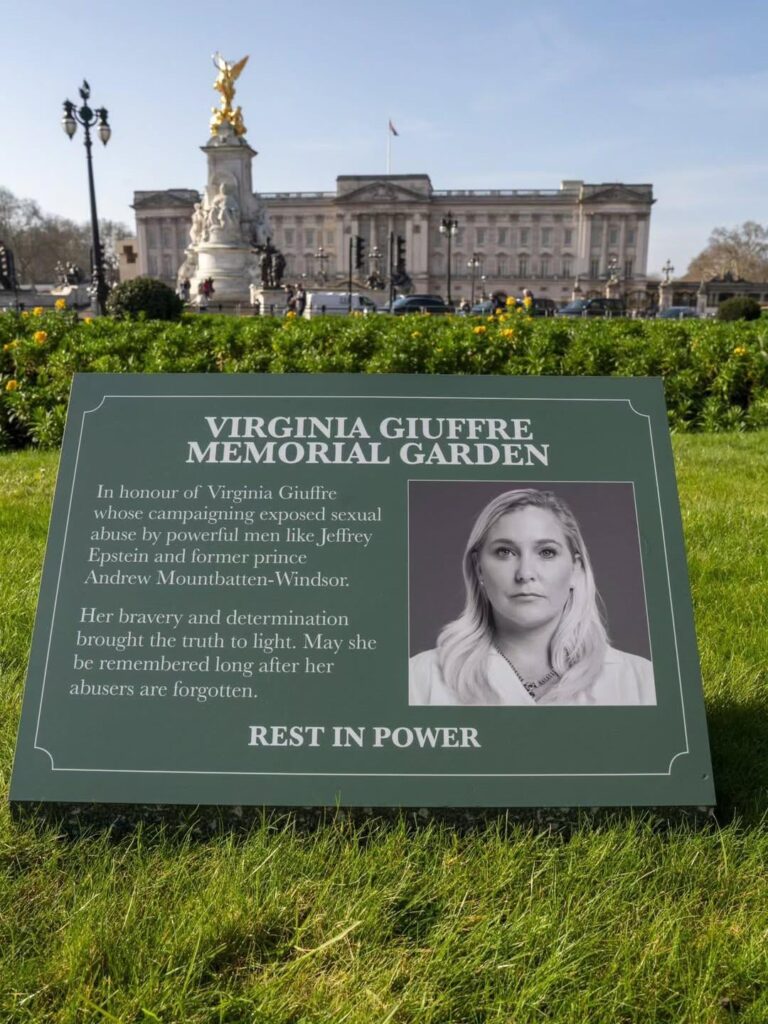 The activists that hung Andrew Mountbatten-Windsor’s photo in the Louvre, have placed memorials to Virginia Giuffre at the Buckingham Palace gardens