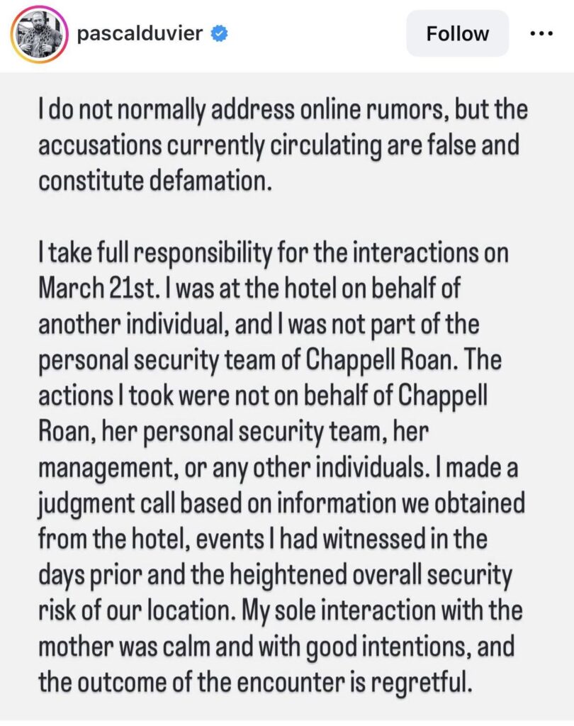 Security guard confirms he wasn’t working for Chappell Roan and apologizes for behavior