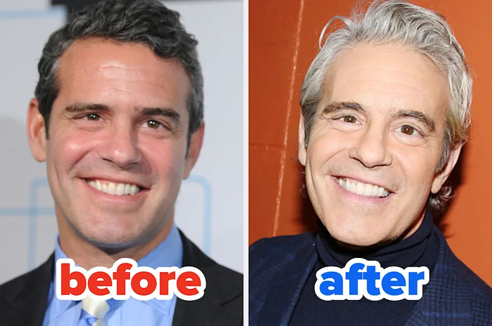 Two side-by-side photos showing a person's style change, labeled "before" and "after," with different hairstyles