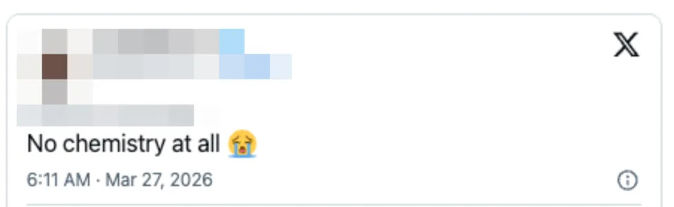 Tweet by A. Fadillah A. K saying, "No chemistry at all," with a crying emoji. Dated March 27, 2026