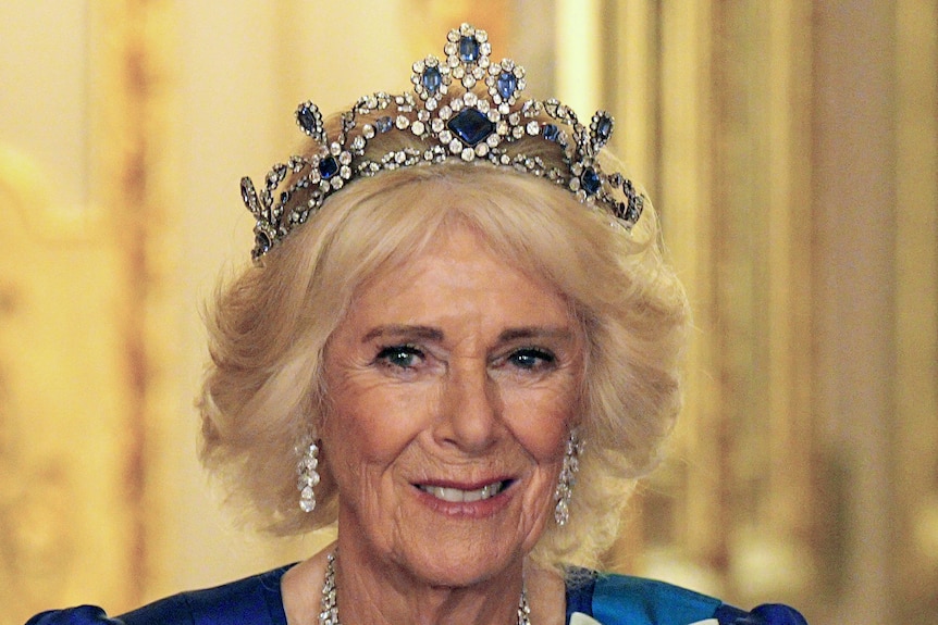 Queen Camilla wearing a blue dress and a tiara