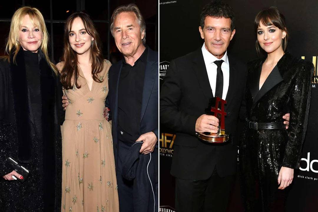 Two photos: On the left, three people—an older woman in black, a young woman in a beige dress, and an older man—smile together. On the right, the young woman stands next to a man in a suit holding a trophy.