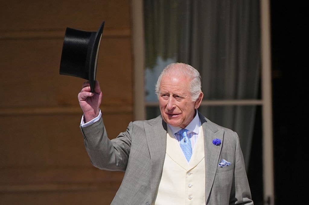King Charles III attending the Education and Skills Garden Party at Buckingham Palace on May 14, 2025 in London, England