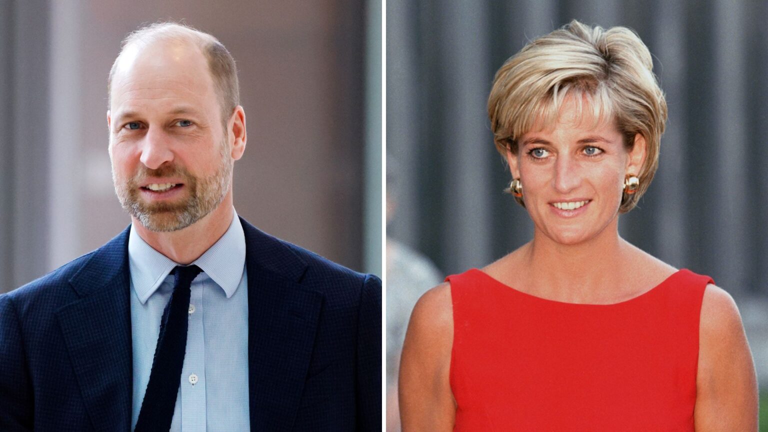 A composite of a picture of Prince William in 2026 and a picture of Princess Diana in 1997