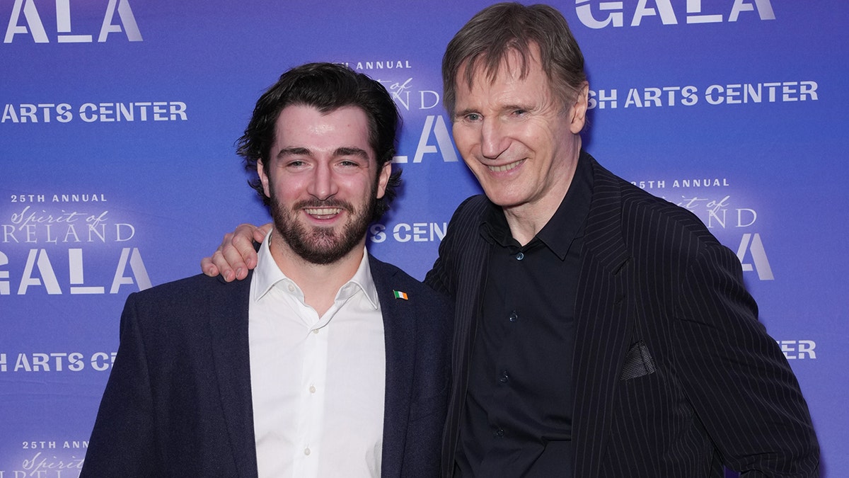 Liam Neeson and Daniel Neeson at the Irish Arts Center Gala in November 2024 in New York City.