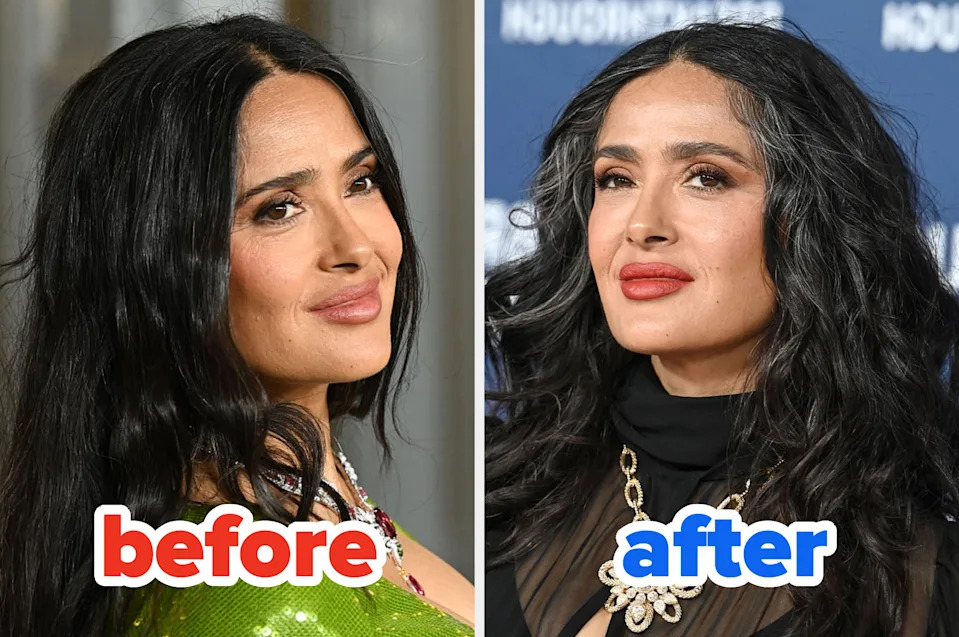 Two photos side-by-side: A woman on the left with dark hair, and on the right with dark and gray hair. Both images show her on red carpet events