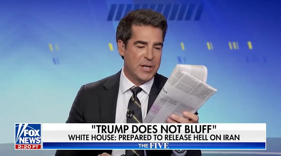 TV host on set reading a paper, Fox News segment: "TRUMP DOES NOT BLUFF" with discussion on White House's stance on Iran