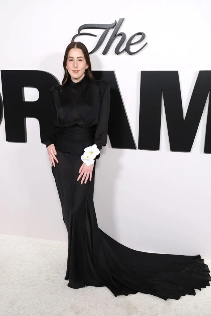 Alana Haim The Drama LA premiere 2026, Alana Haim black gown Louis Vuitton custom, The Drama LA premiere red carpet Alana Haim, Louis Vuitton The Drama premiere Alana Haim, Alana Haim black minimalist gown flower wrist detail