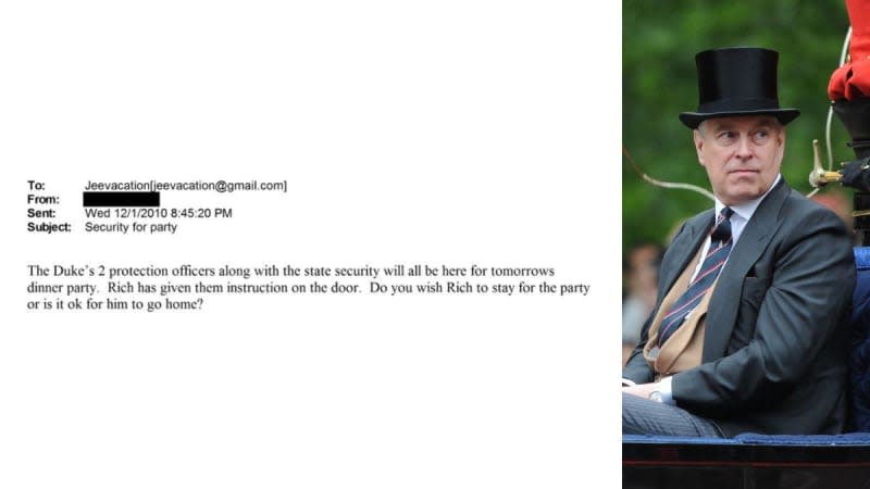 Newly disclosed emails suggested Metropolitan Police protection officers stood guard at an Epstein-hosted dinner party in 2010.DOJ;MEGA