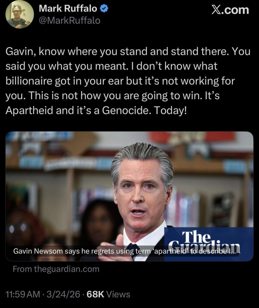 Mark Ruffalo responds to Gov. Gavin Newsom saying he regrets saying apartheid to describe Israel in a recent interview