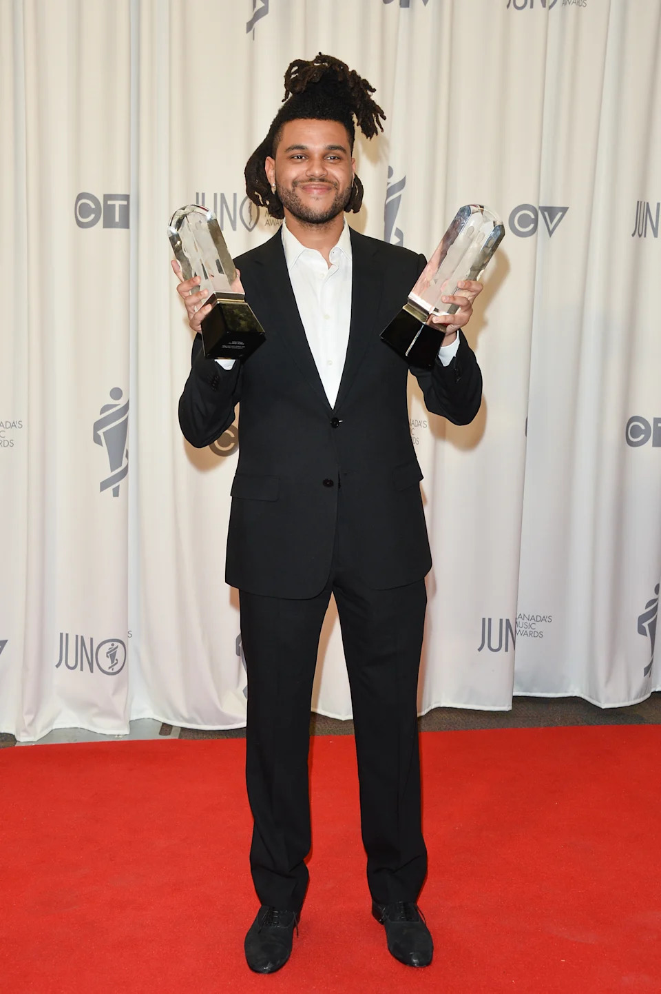 HAMILTON, ON - MARCH 15: The Weeknd poses backstage in the press room at the 2015 Juno Awards at FirstOntario Centre on March 15, 2015 in Hamilton, Canada. (Photo by George Pimentel/WireImage)