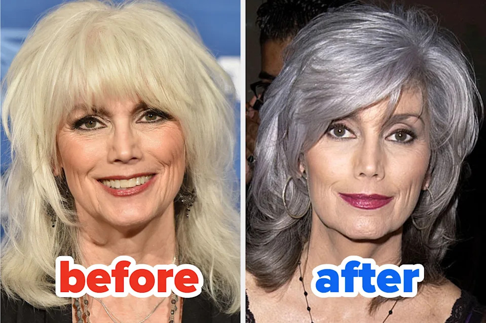 Two side-by-side images show a person before and after a makeover. The "before" image has voluminous light hair, while the "after" image has sleek gray hair
