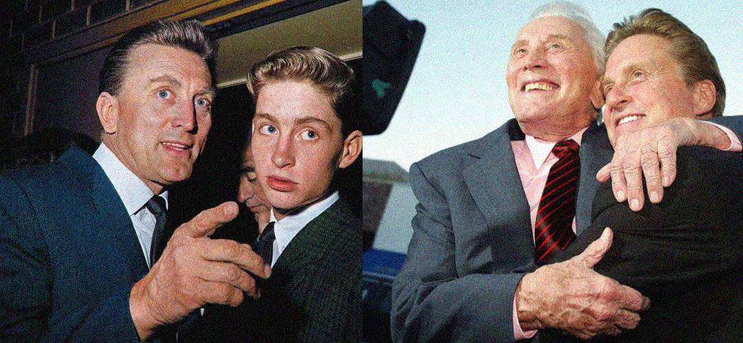 Two side-by-side photos of a father and son: on the left, they are young in suits, with the father pointing; on the right, they are older, smiling and embracing warmly in front of a bright background.