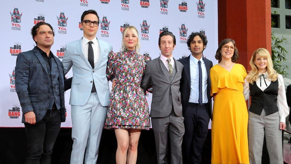 In this May 1, 2019, file photo, Johnny Galecki, from left, Jim Parsons, Kaley Cuoco, Simon Helberg, Kunal Nayyar, Mayim Bialik and Melissa Rauch, cast members of the TV series "The Big Bang Theory," pose at a hand and footprint ceremony at the TCL Chinese Theatre in Los Angeles. "The Big Bang Theory" made its way into the annals of the Nobel Prizes in real life. The announcement, Oct. 8, 2019, that a trio of scientists had won the physics Nobel started off with an unlikely reference: the opening lines of "The Big Bang Theory." (Photo by Willy Sanjuan/Invision/AP, File)