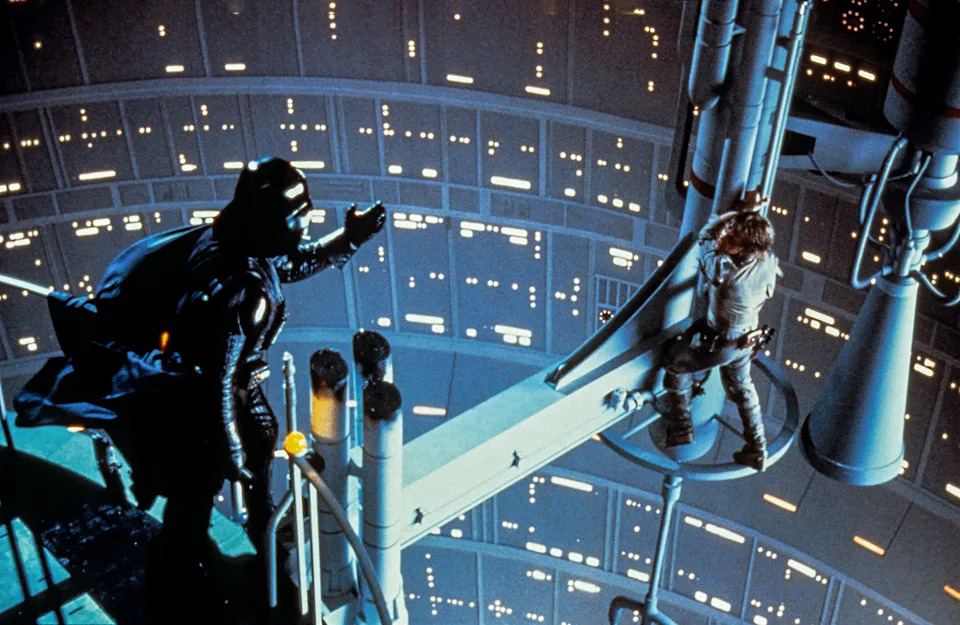 Iconic movie scene with two characters in a dramatic confrontation on a narrow walkway in a futuristic setting
