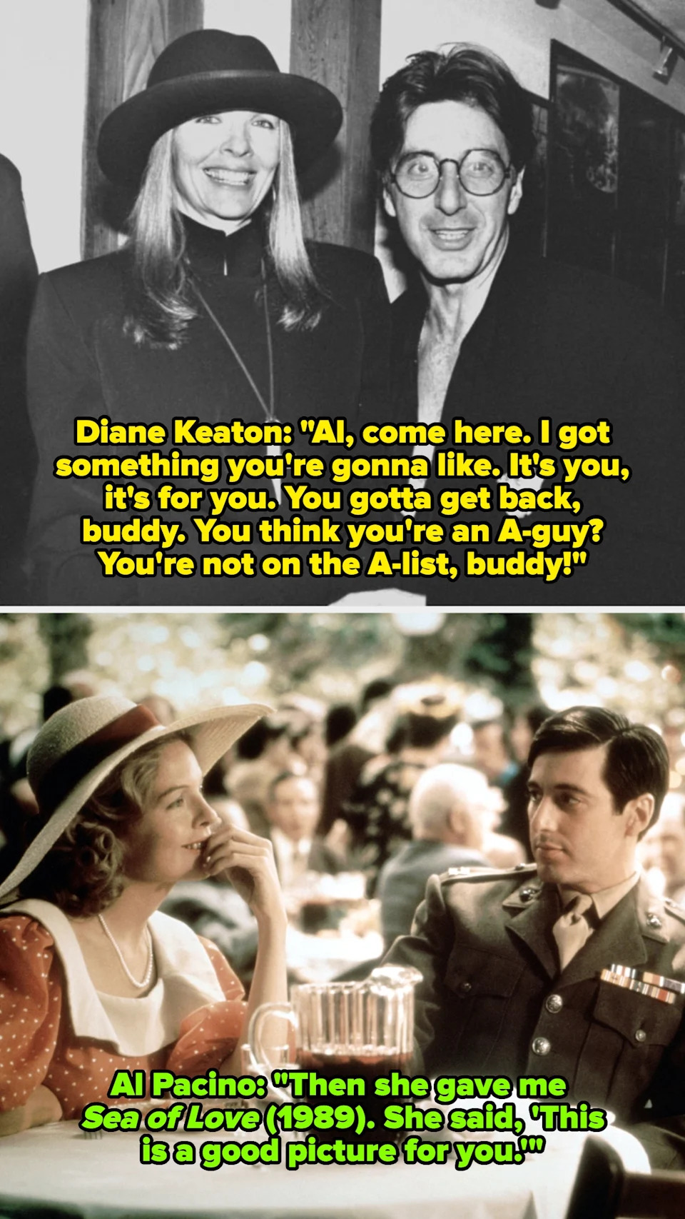 Diane Keaton and Al Pacino in the late '80s; Keaton and Pacino in "The Godfather"