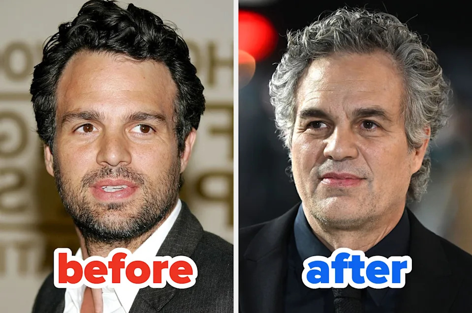 Side-by-side photos of a man, with curly hair and a beard, labeled "before" and "after," showing a visible difference in hair color and style