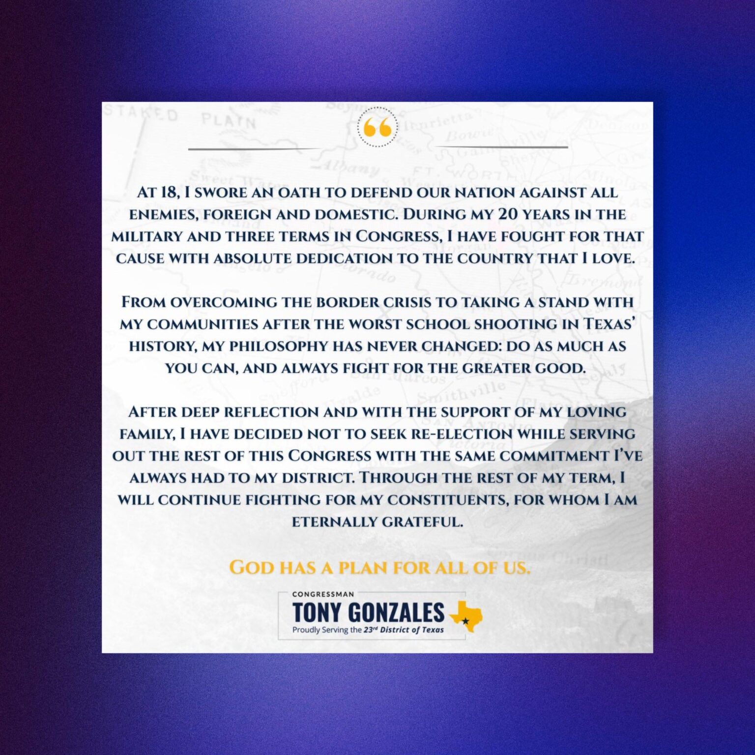 Republican Rep. Tony Gonzales (R-TX) announces he will not be seeking re-election after admitting to affair with aide who died by suicide.