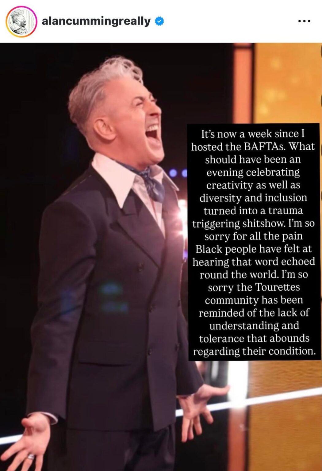 Alan Cumming posts on Instagram about the BAFTAs
