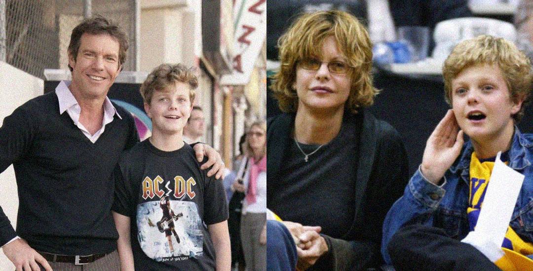 Two photos side by side: On the left, a man with his arm around a smiling boy in an AC/DC shirt; on the right, a woman with glasses sits next to the same boy, who is wearing a yellow shirt and denim jacket, cheering.