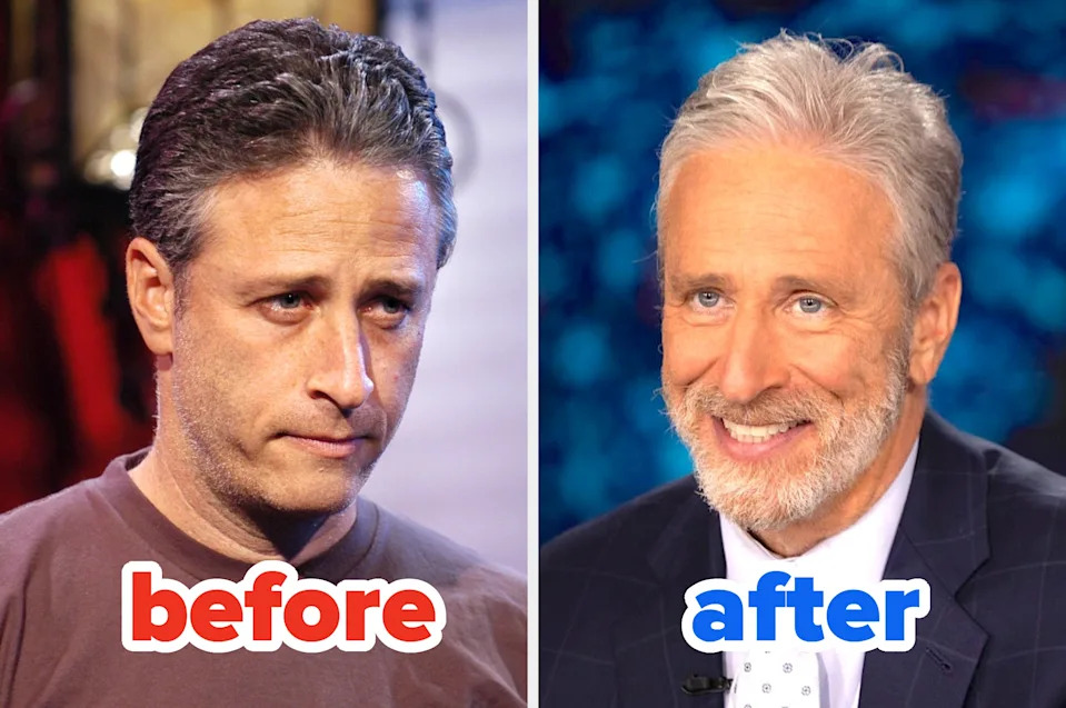 Two photos side-by-side showing transformation: Left, man frowning in casual attire; right, same man smiling in formal wear