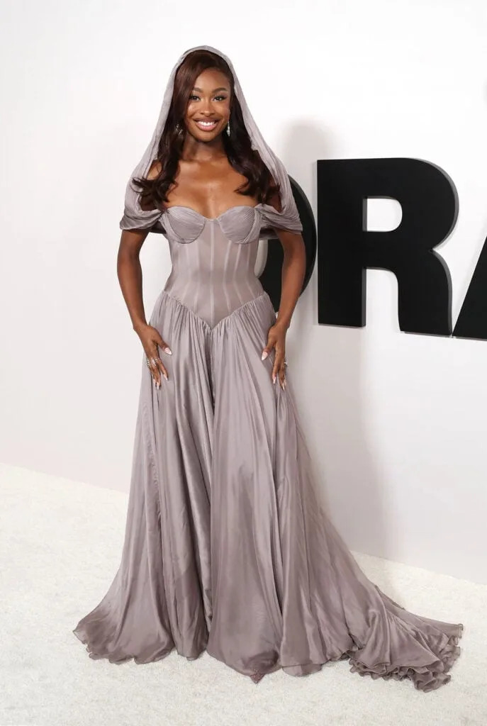Coco Jones The Drama LA premiere 2026, Coco Jones hooded gown Andrew Kwon Spring 2026 Couture, The Drama LA premiere red carpet Coco Jones, Andrew Kwon The Drama premiere Coco Jones, Coco Jones neutral hooded dress veil look red carpet
