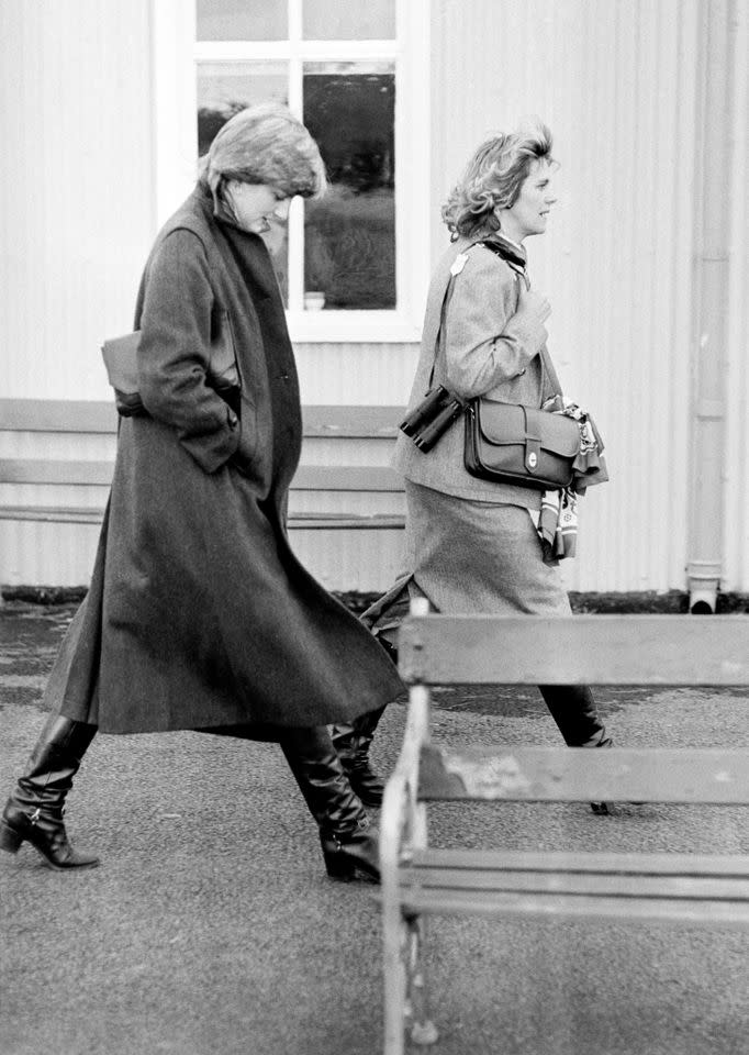 Princess Diana and Queen Camilla, then Camilla Parker Bowles, at Ludlow Racecourse in October 1980.Credit: Getty Images